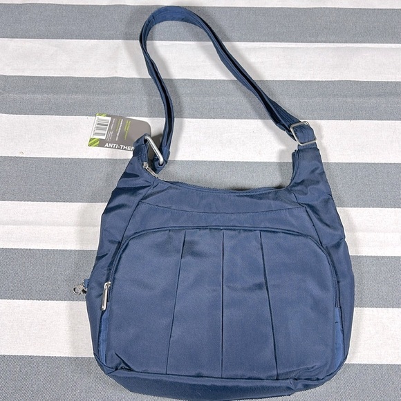 Travelon Womens Navy Blue Anti Theft Pleated Hobo Crossbody Bag RFID Travel - Picture 3 of 13